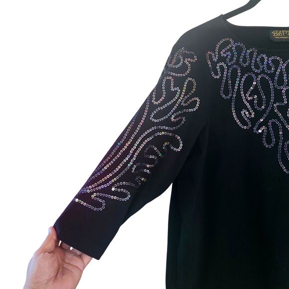VTG Bob Mackie Wearable Art Black Sequin Holographic 3/4 Sleeve Cotton Top L - Picture 8 of 10
